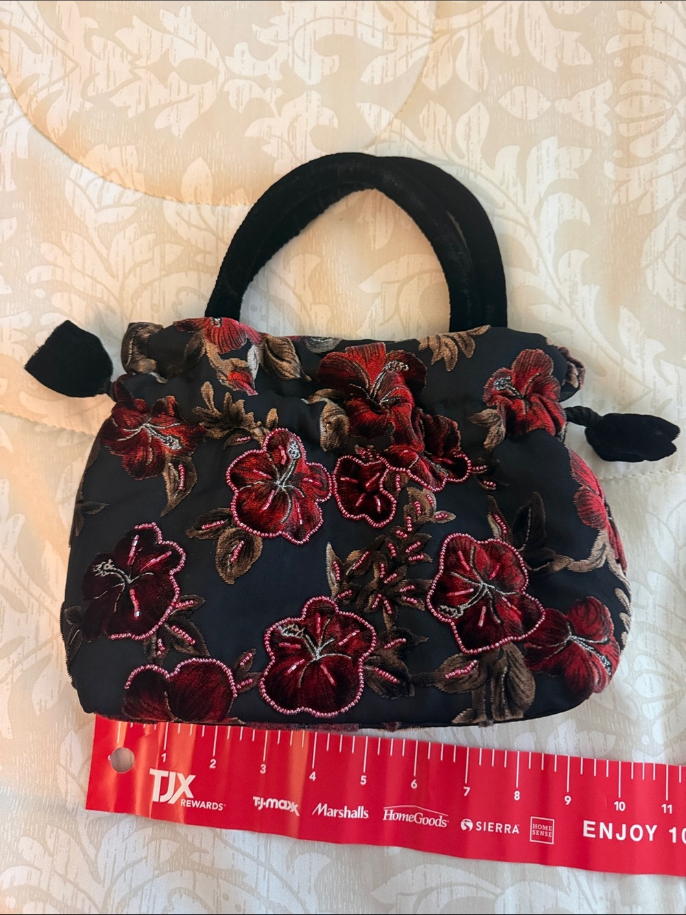 Embroidered Black Satin Mini Drawstring Bag with Red Floral Accents - Picture 2 of 5